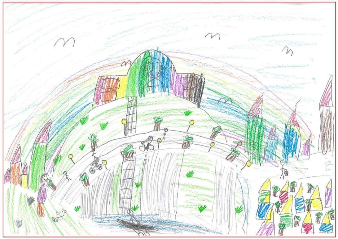 Bild: viele bunte Häuser im Grünen mit einer bunten Schule in der Mitte